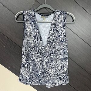 Linea Domani Women Sleeveless Twist Front Top 14 Navy White Floral Rayon Spandex